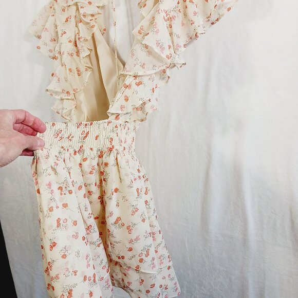 Sabo Skirt, Mini Dress, Ruffled, Open Back, Cream/Orange Floral, Size Medium - Picture 8 of 16